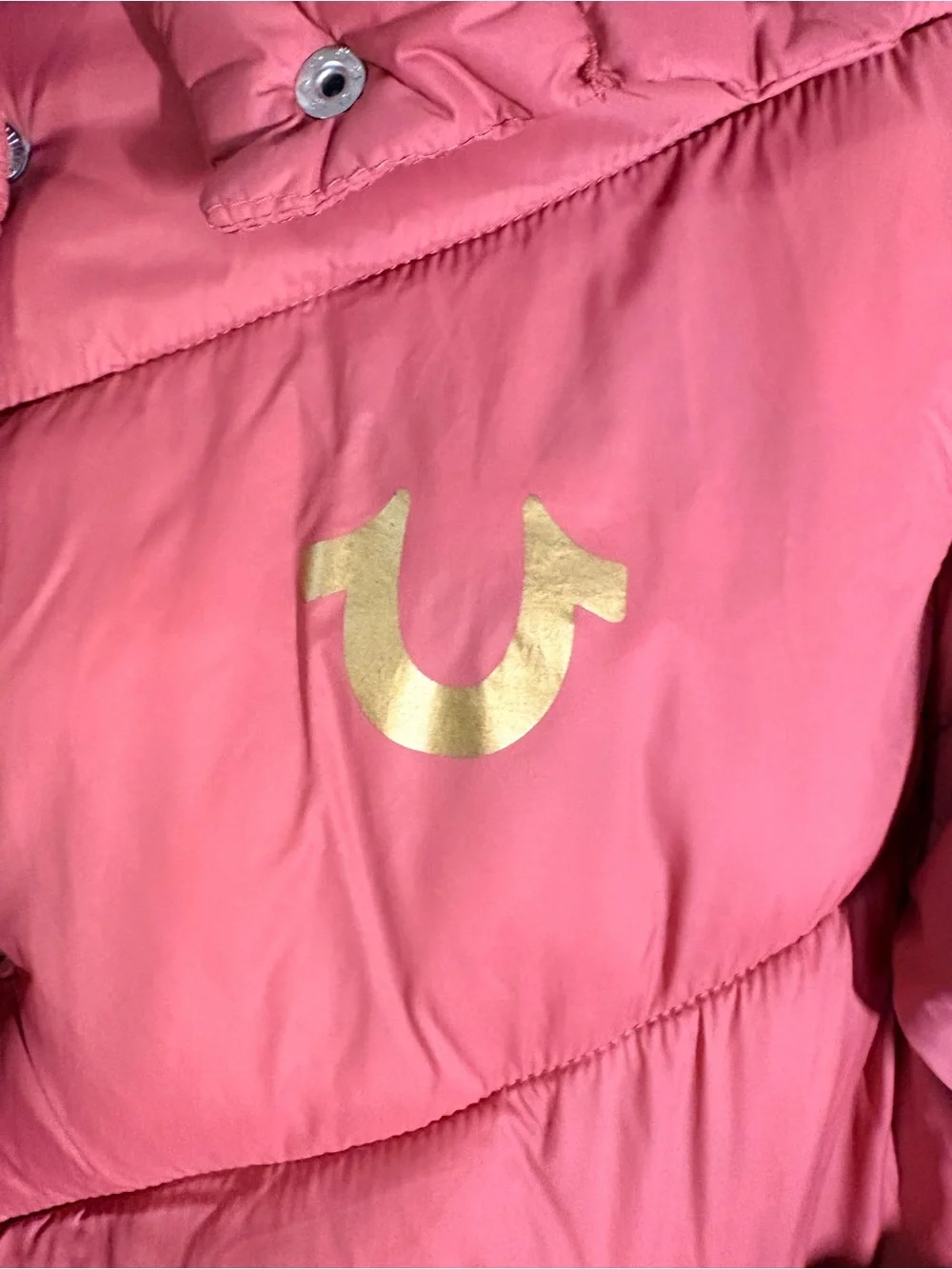 True Religion Coral Pink Puffer Jacket with Gold Logo